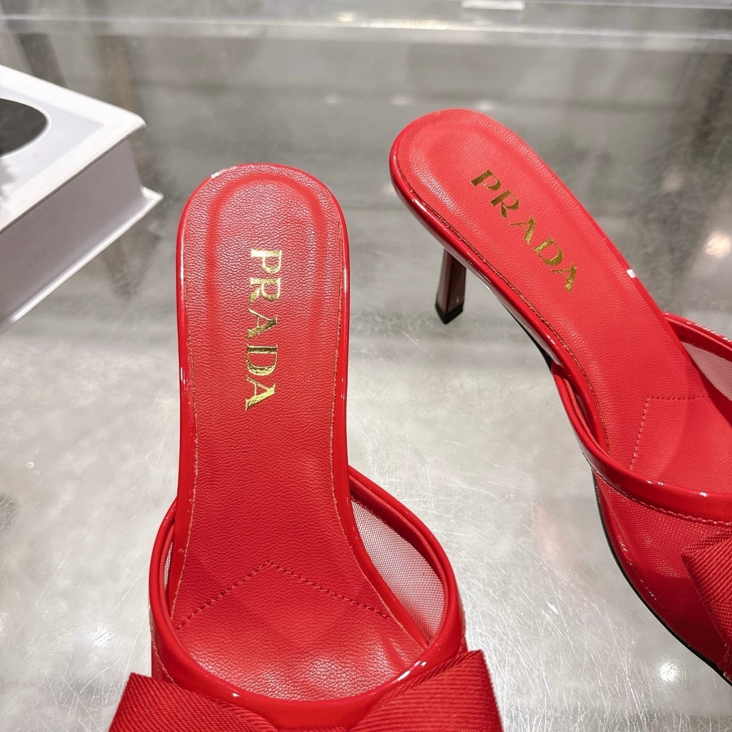 Prad Bow-Detail Kitten Heel Mules 7.5CM Red Leather 951939