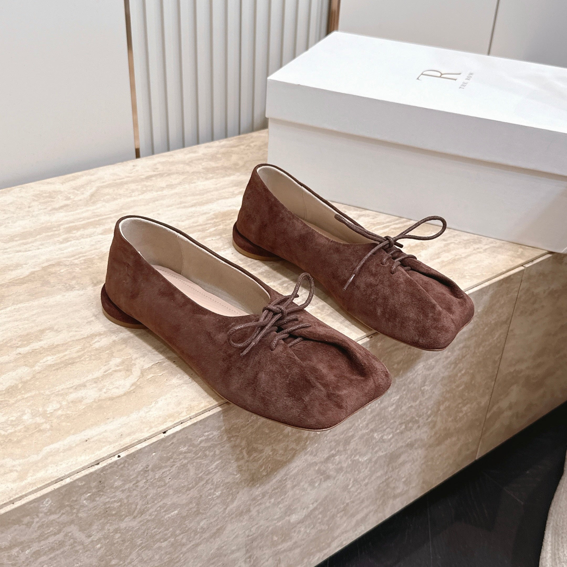 TR Lace-Up Ballet Flats Square Toe Dark Brown Suede 954410