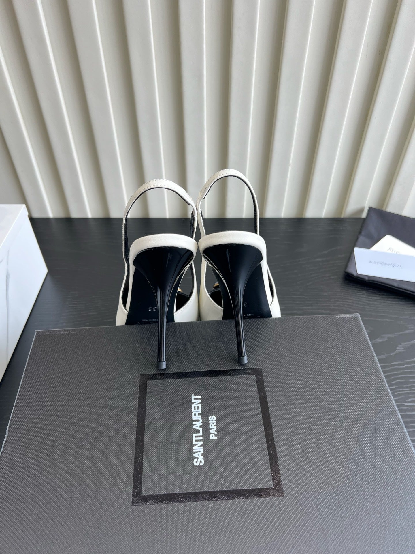 YSL Iceland Slingback Pumps 10CM Crystal Embellishment Black White Leather 956515