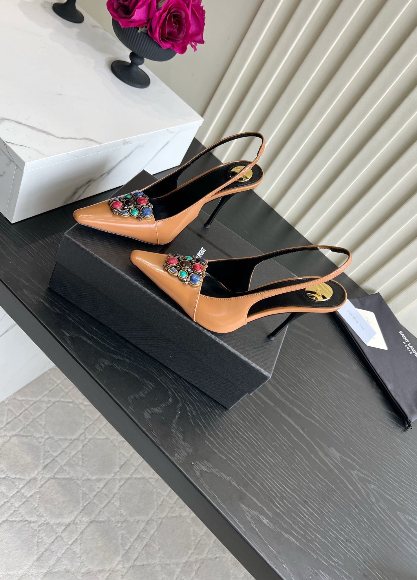 YSL Iceland Slingback Pumps 10CM Crystal Embellishment Brown Leather 956514