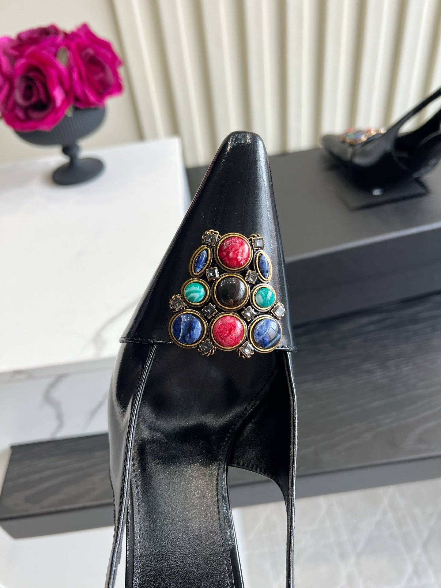 YSL Iceland Slingback Pumps 10CM Crystal Embellishment Black Leather 956512