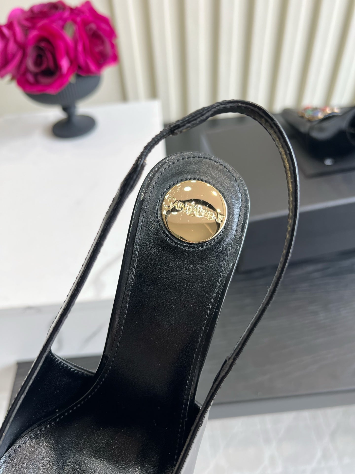 YSL Iceland Slingback Pumps 10CM Crystal Embellishment Black Leather 956512