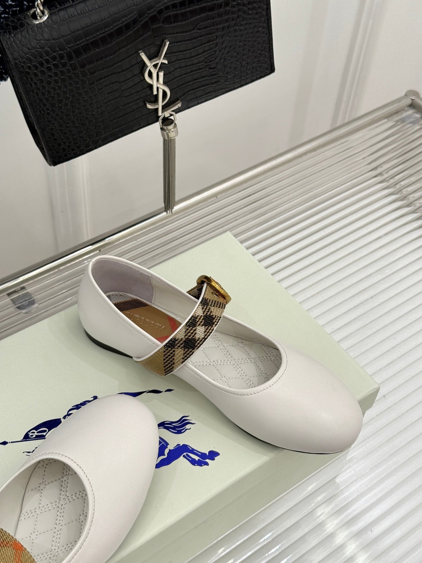 Burberry Robin Mary Jane Flats Check Strap White Leather 956171
