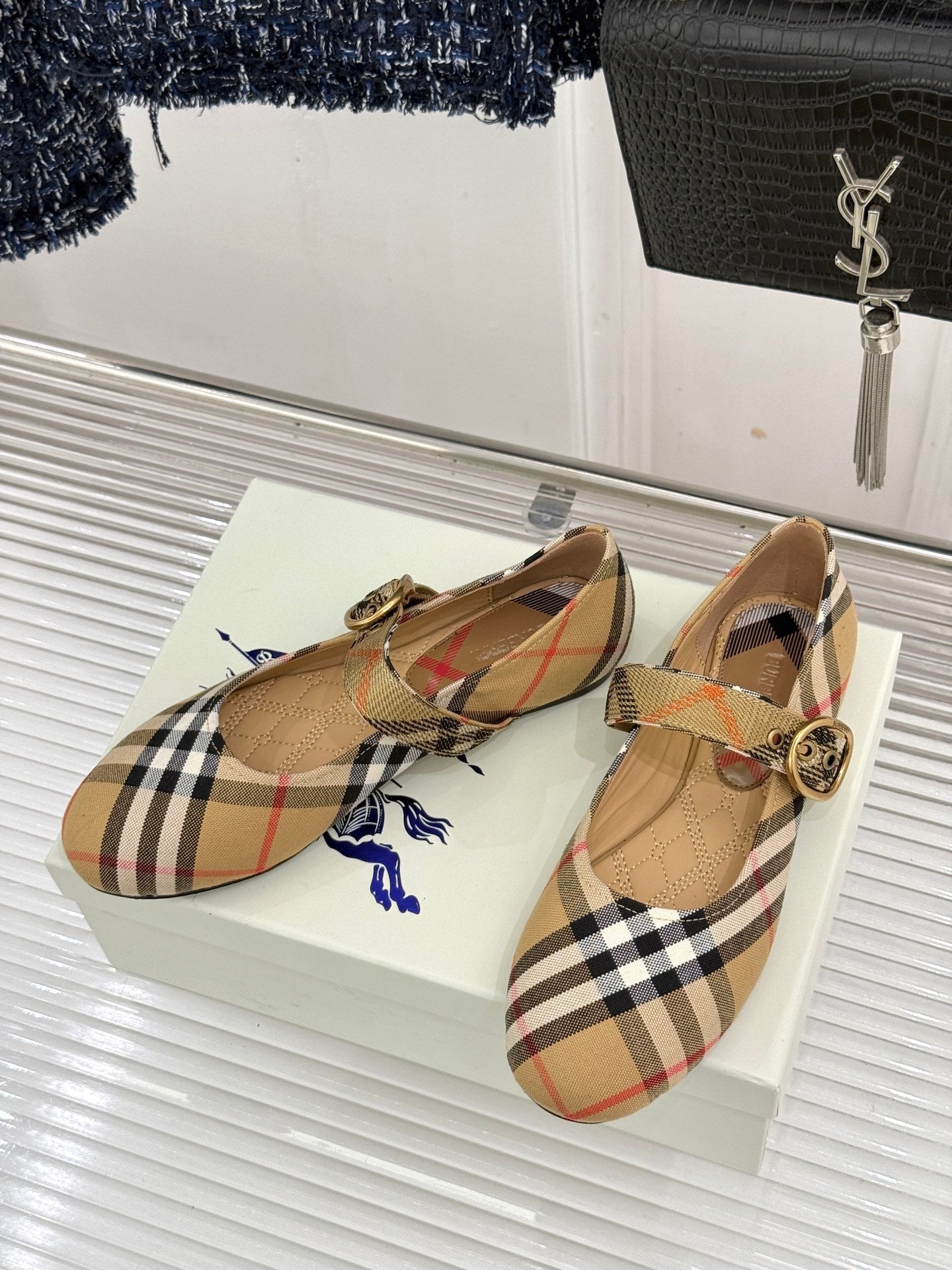 Burberry Robin Mary Jane Flats Beige Check Canvas 956169
