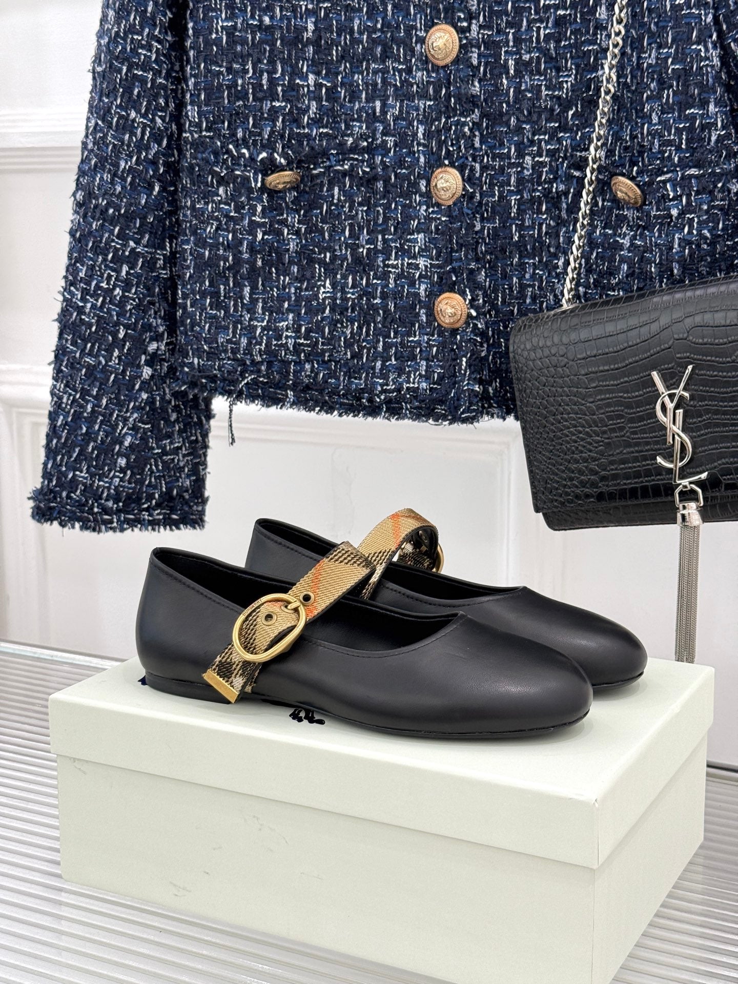 Burberry Robin Mary Jane Flats Check Strap Black Leather 956170