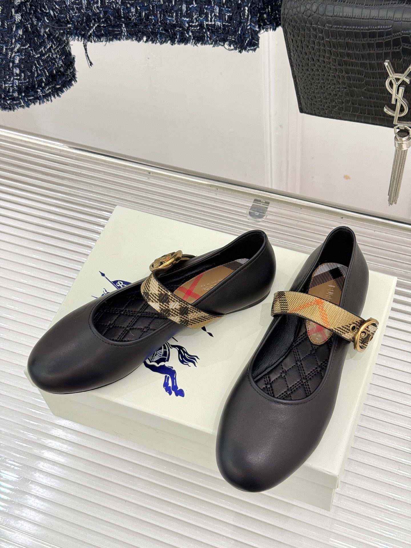 Burberry Robin Mary Jane Flats Check Strap Black Leather 956170