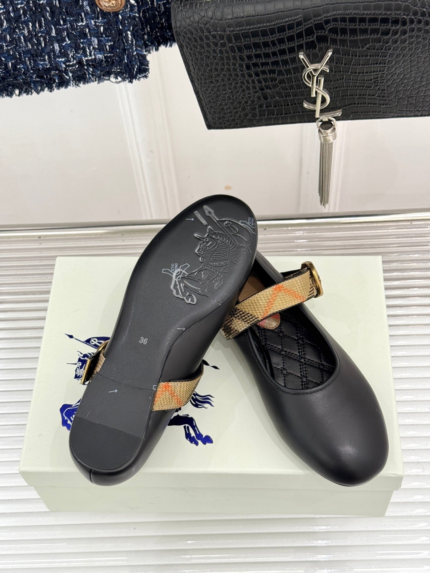 Burberry Robin Mary Jane Flats Check Strap Black Leather 956170