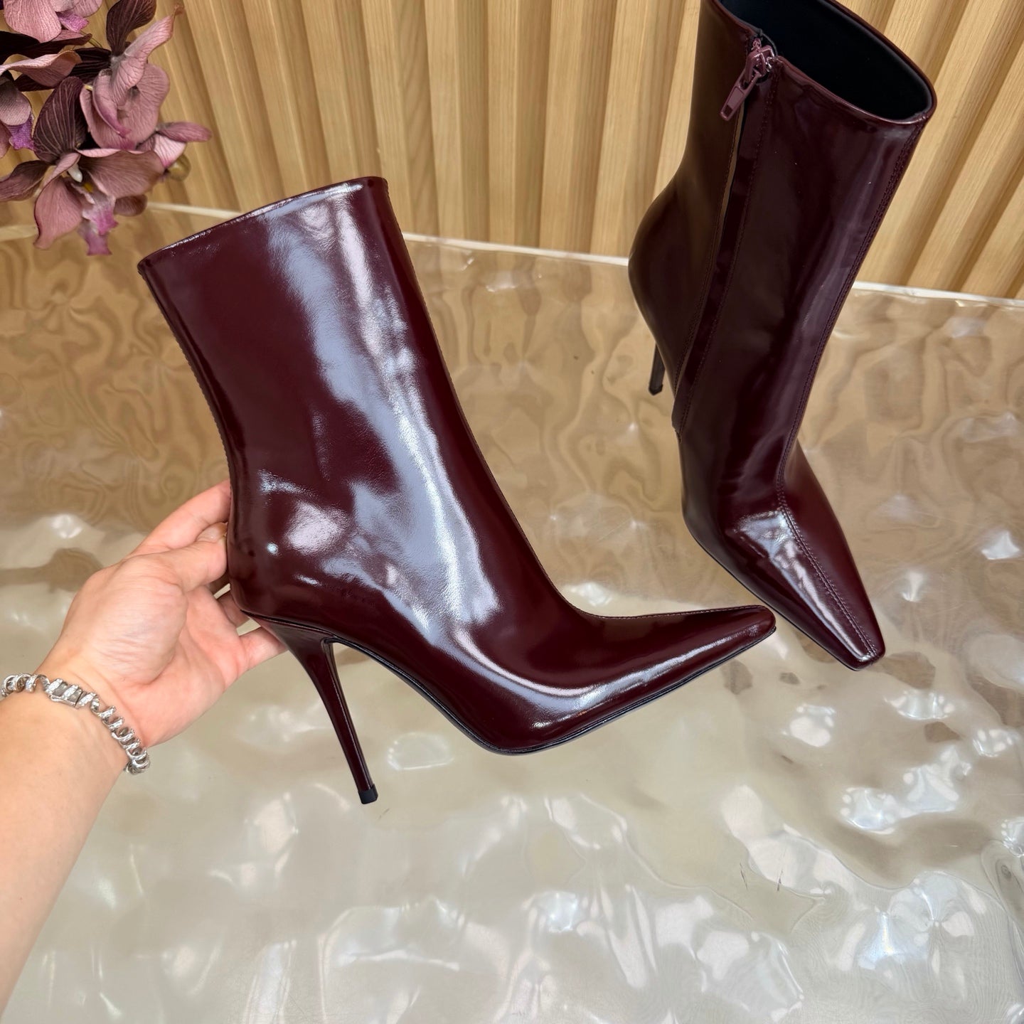 YSL Pointed-Toe Stiletto Ankle Boots 8CM Burgundy Leather 955833