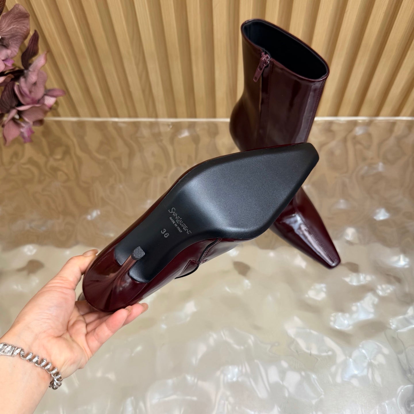 YSL Pointed-Toe Stiletto Ankle Boots 8CM Burgundy Leather 955833