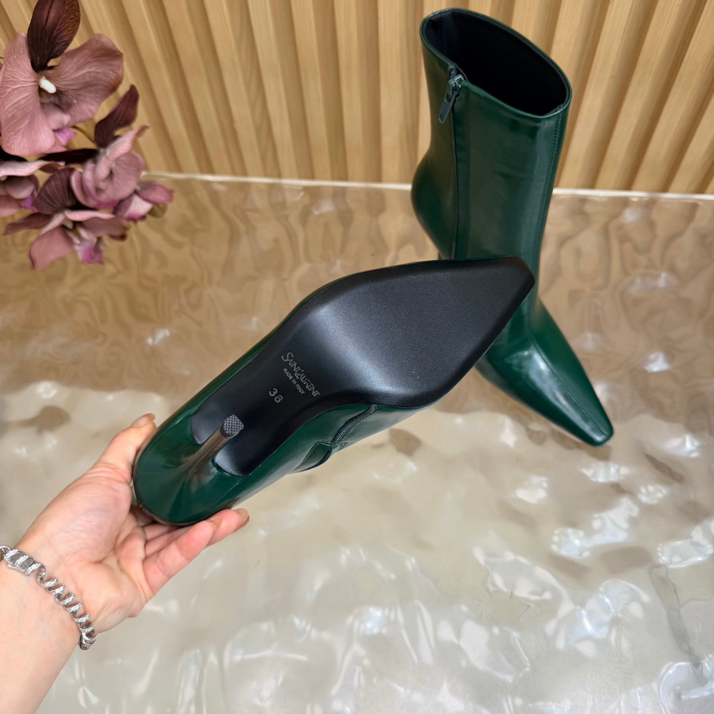 YSL Pointed-Toe Stiletto Ankle Boots 8CM Dark Green Leather 955828