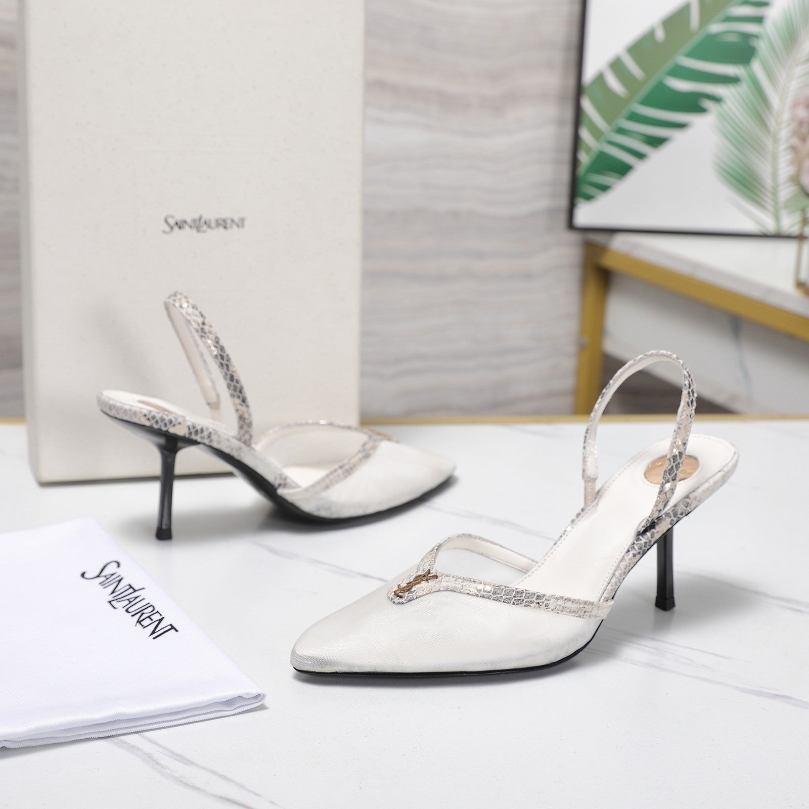 YSL Folie Slingback Pumps 6.5cm Beige Mesh Black Leather 961600