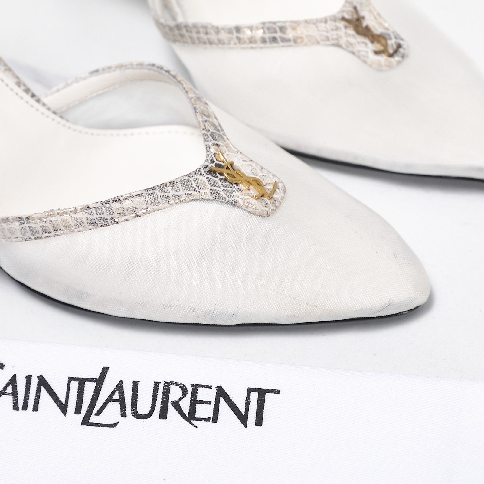 YSL Folie Slingback Pumps 6.5cm Beige Mesh Black Leather 961600
