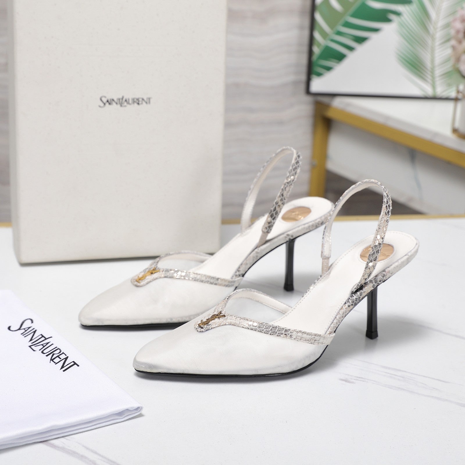 YSL Folie Slingback Pumps 6.5cm Beige Mesh Black Leather 961600