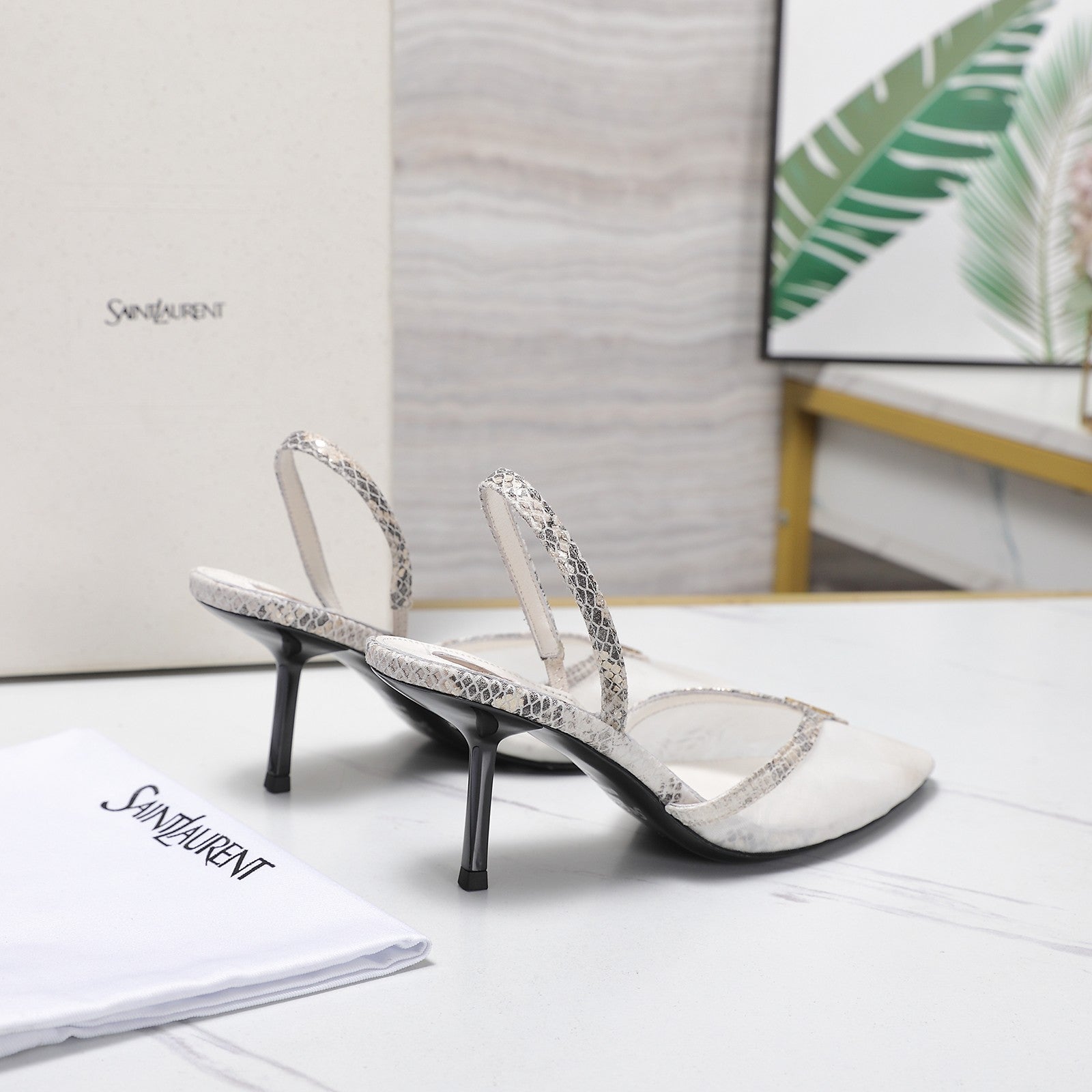 YSL Folie Slingback Pumps 6.5cm Beige Mesh Black Leather 961600