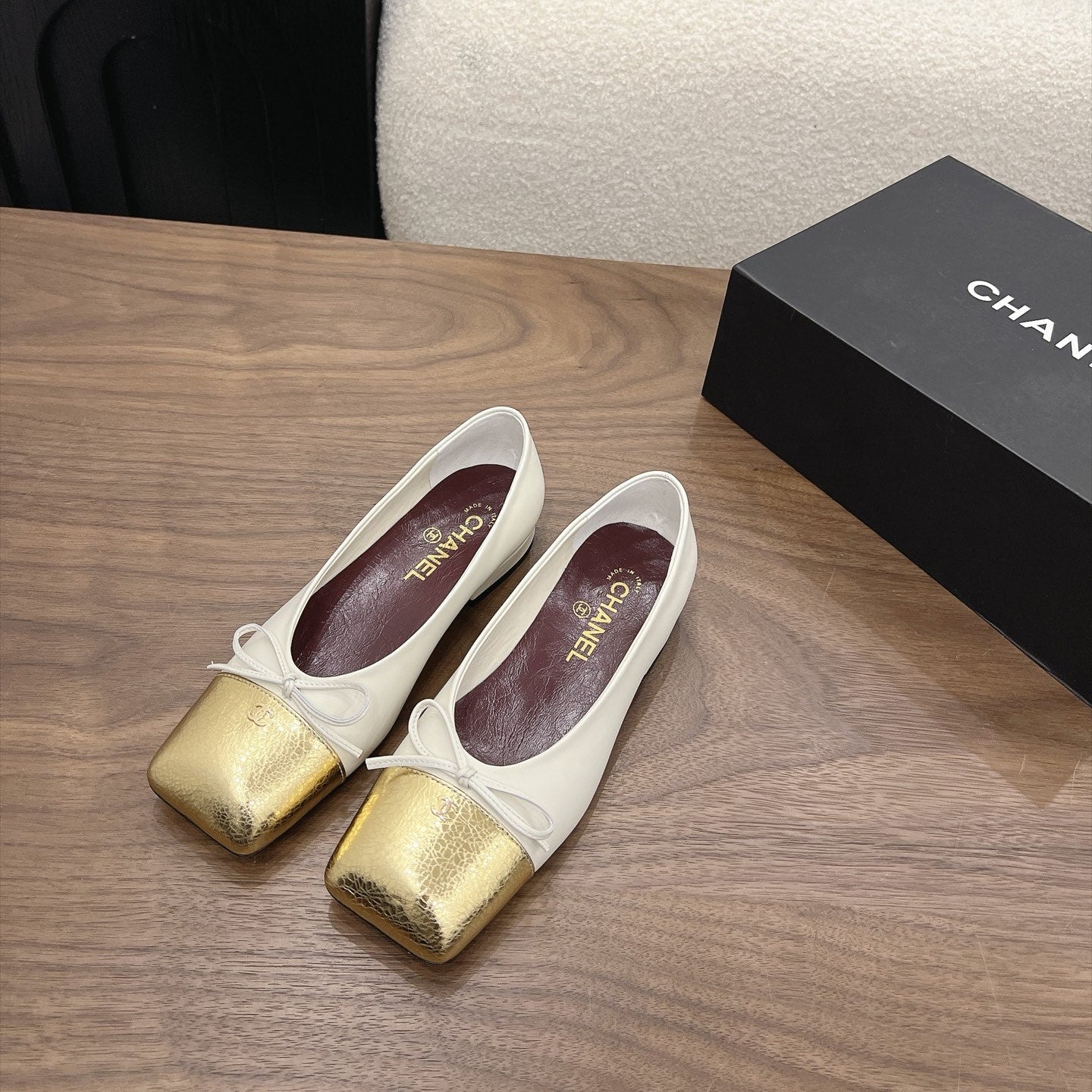 CC Square-Toe Ballet Flats White Gold Lambskin 961514