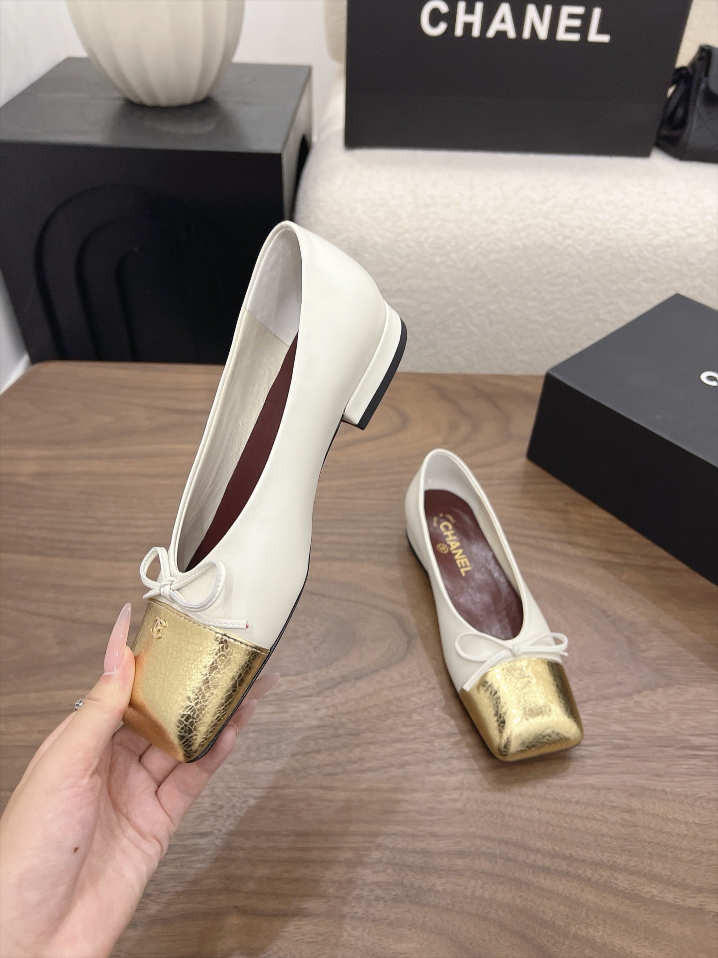 CC Square-Toe Ballet Flats White Gold Lambskin 961514