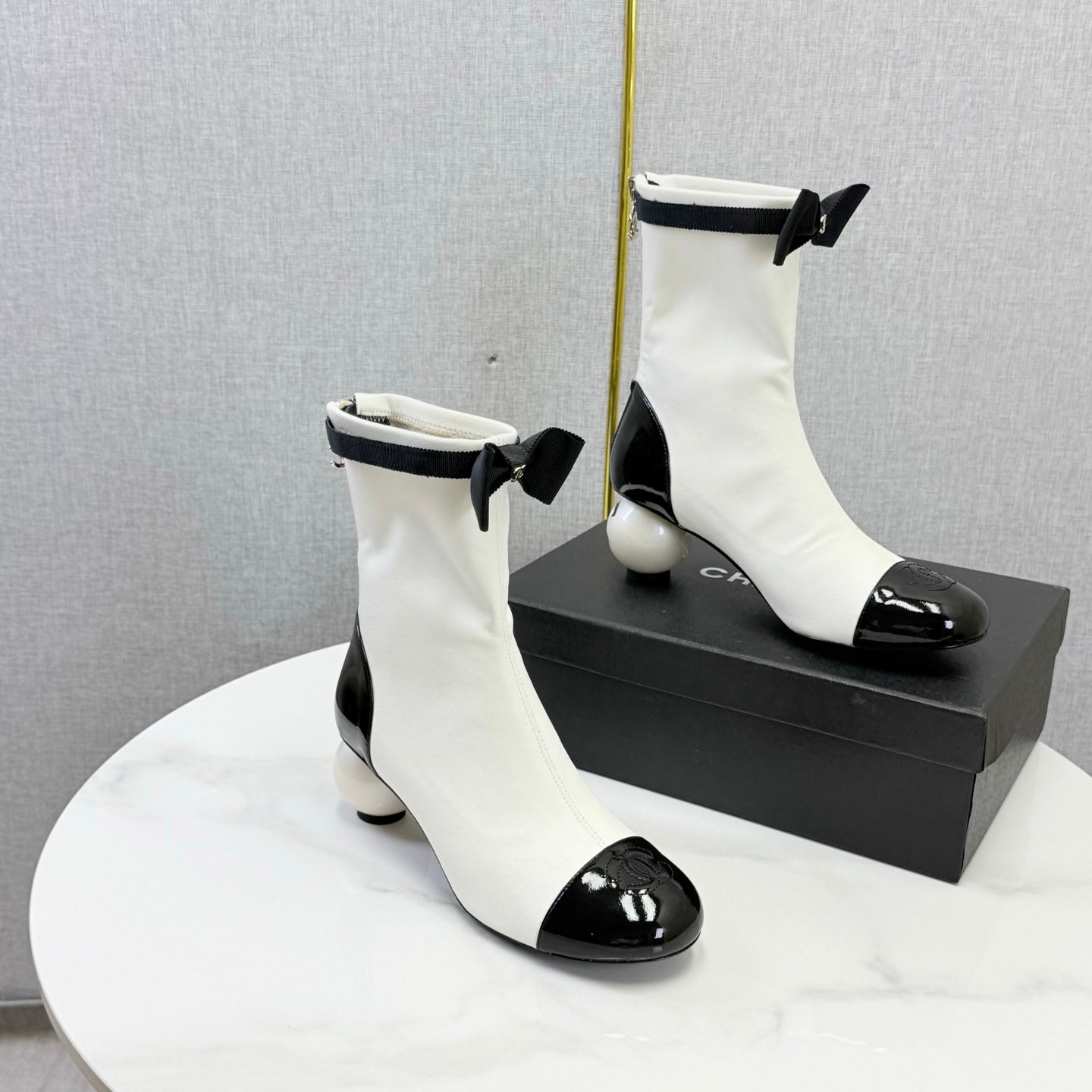 CC Mid-Calf Boots Pearl Ball Heel Bow Ivory Black Leather 972796