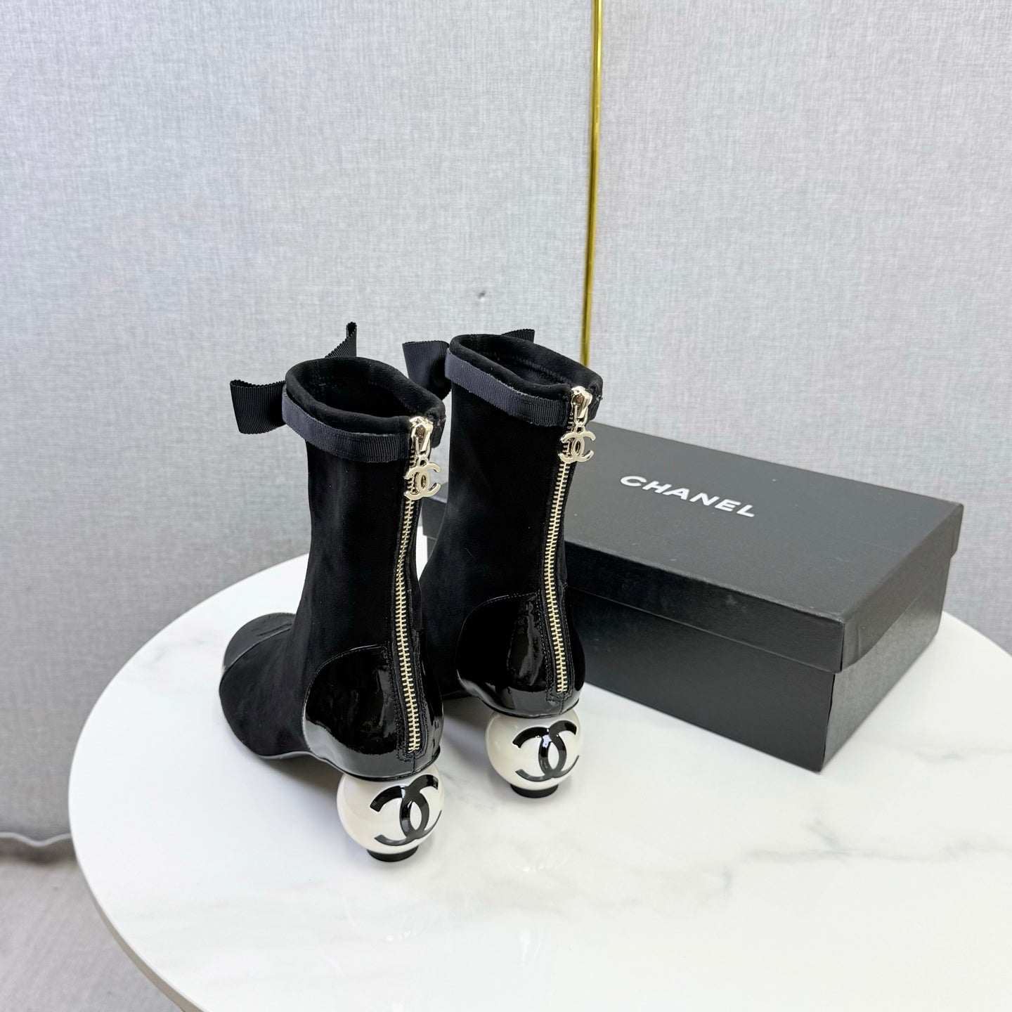 CC Mid-Calf Boots Pearl Ball Heel Bow Black Suede Leather 972797