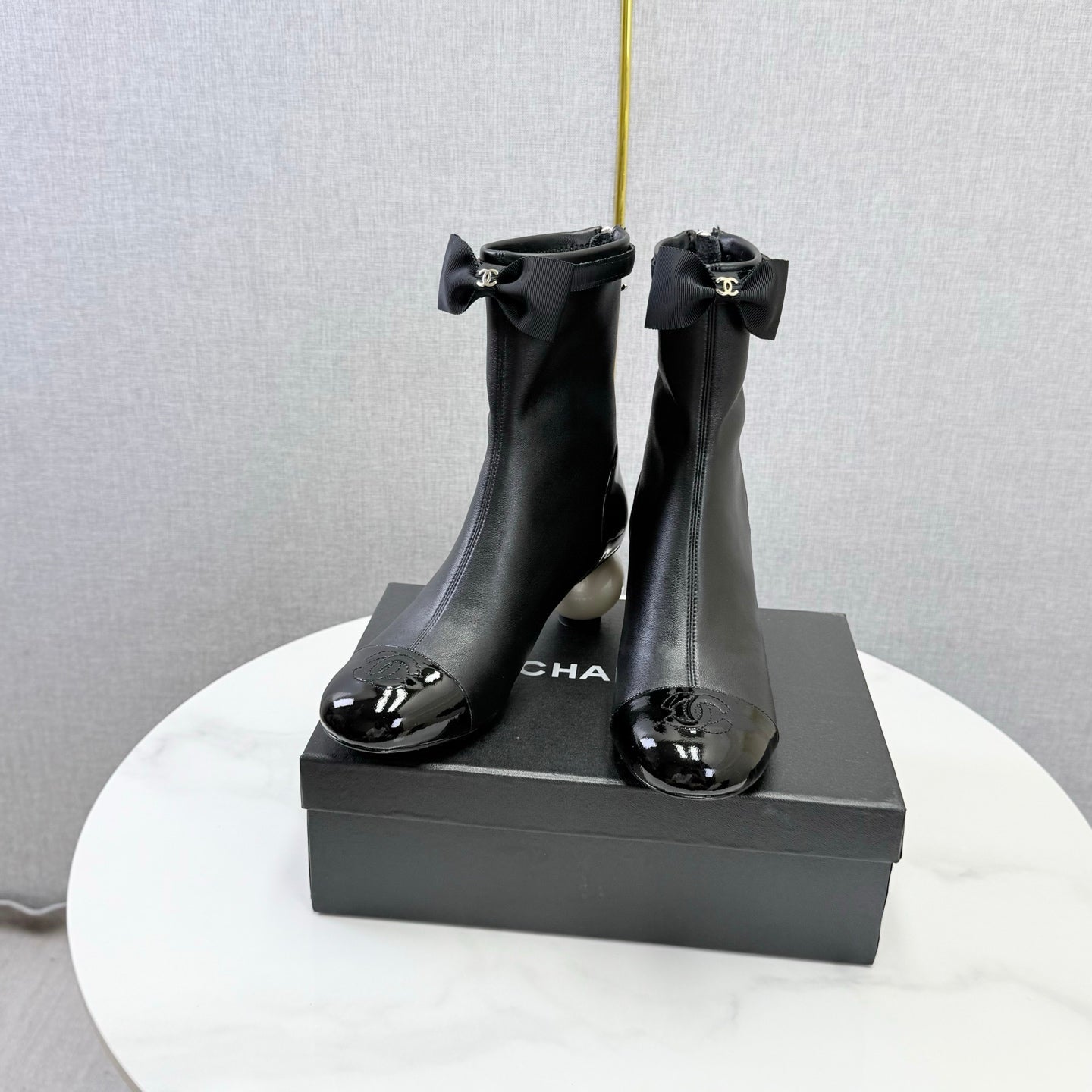 CC Mid-Calf Boots Pearl Ball Heel Bow Black Leather 972798