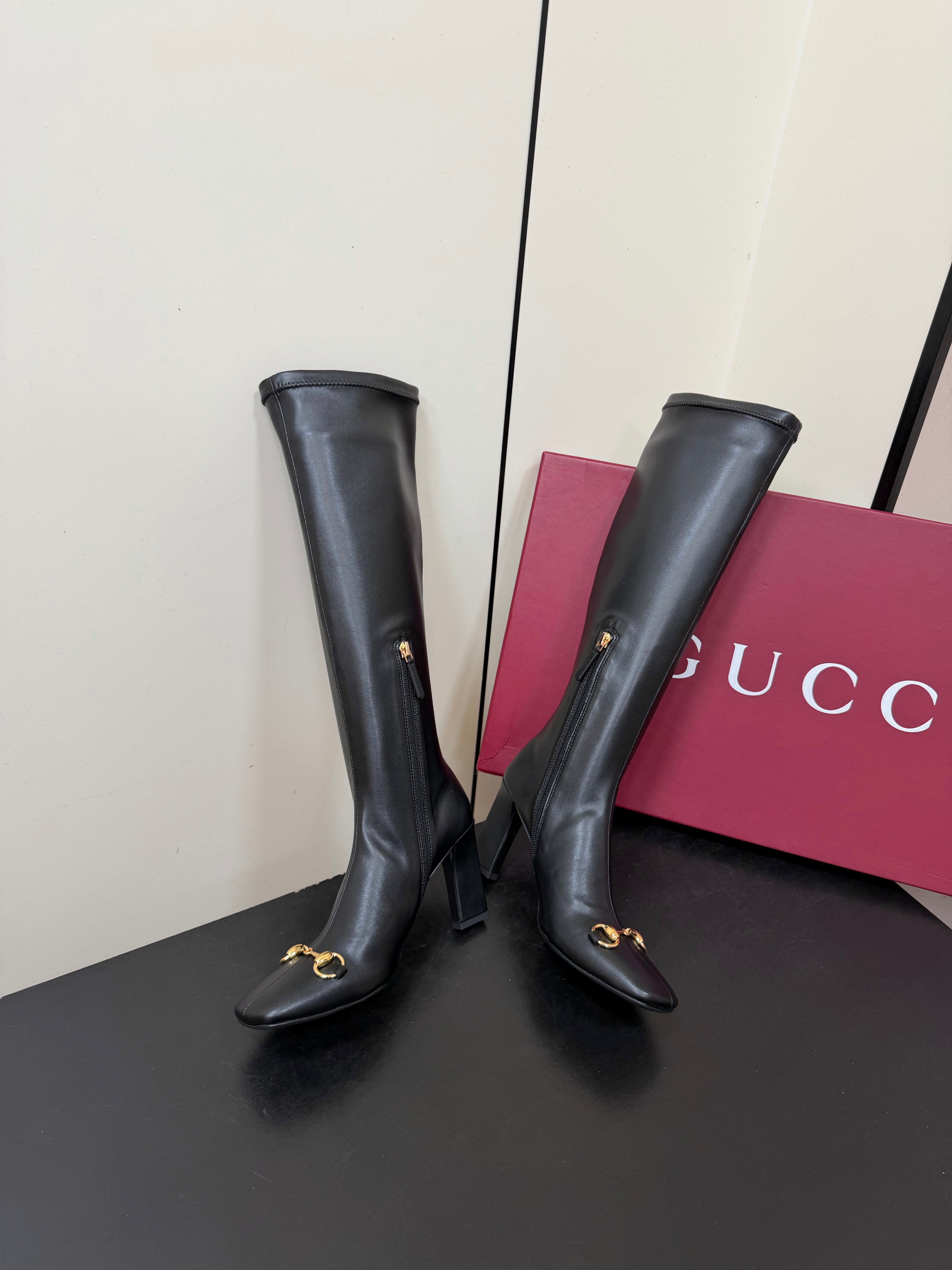 GG Signora Horsebit Knee-High Boots 8.5CM Black Leather 984465