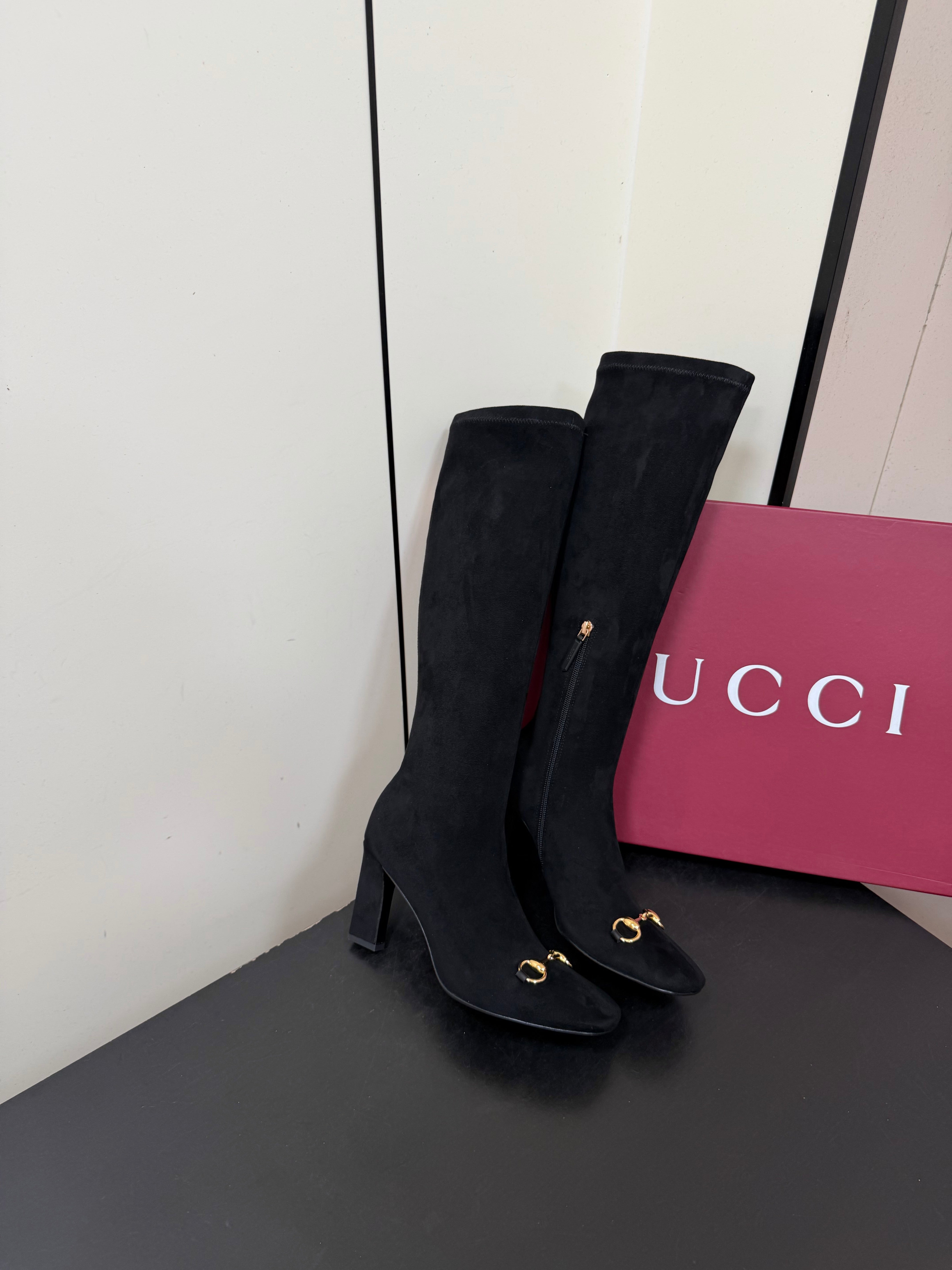 GG Signora Horsebit Knee-High Boots 8.5CM Black Suede 984464
