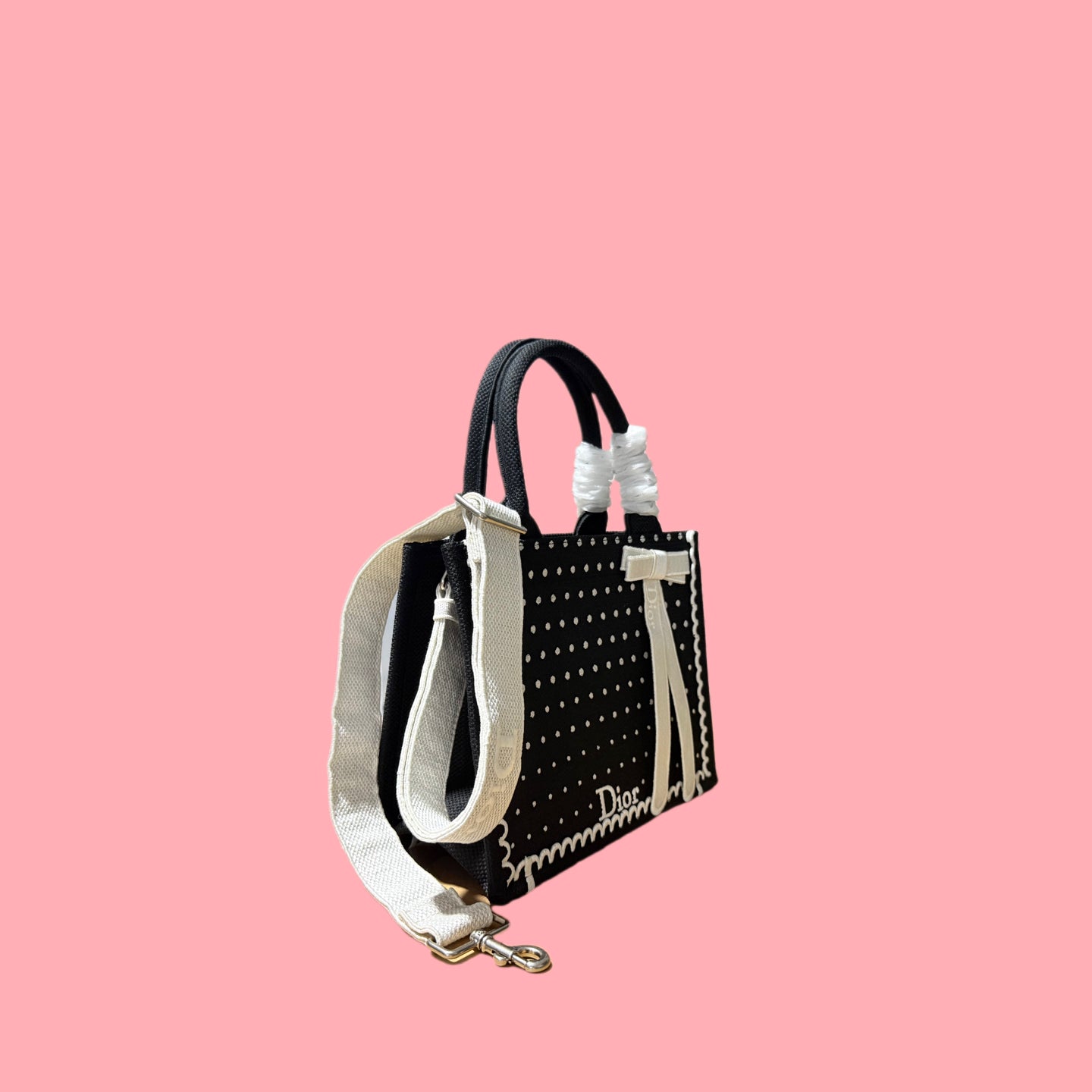 CD Book Tote With Strap PolkaDior Embroidery Black White Canvas 164637