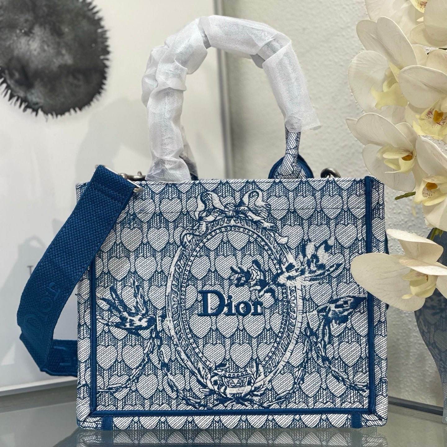 CD Book Tote With Strap Toile de Jouy Floral Garden Embroidery Blue Canvas 164670