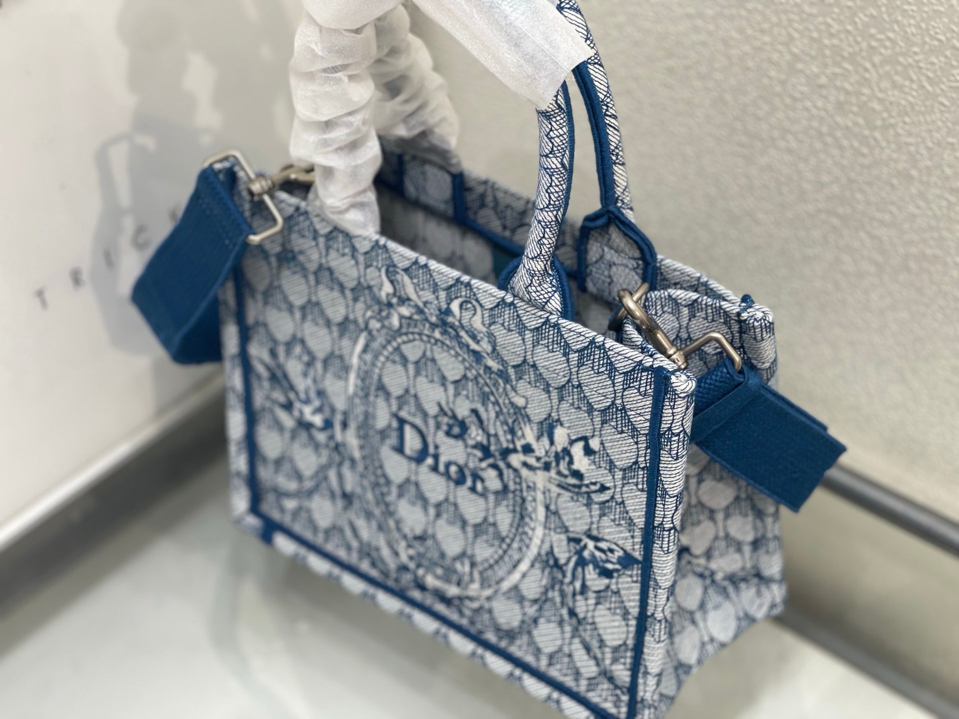 CD Book Tote With Strap Toile de Jouy Floral Garden Embroidery Blue Canvas 164670