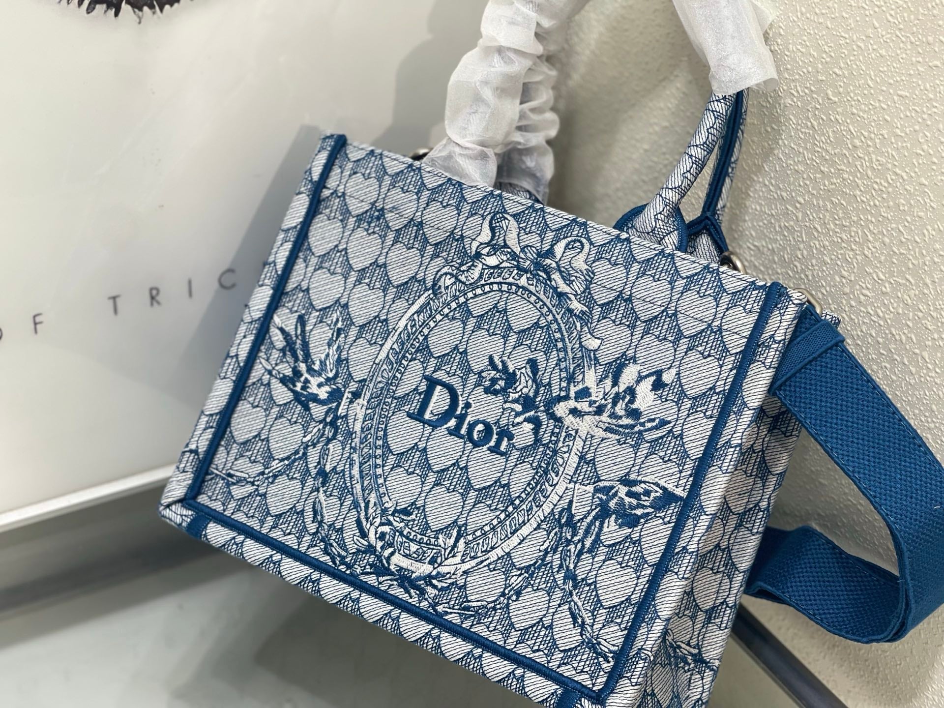 CD Book Tote With Strap Toile de Jouy Floral Garden Embroidery Blue Canvas 164670