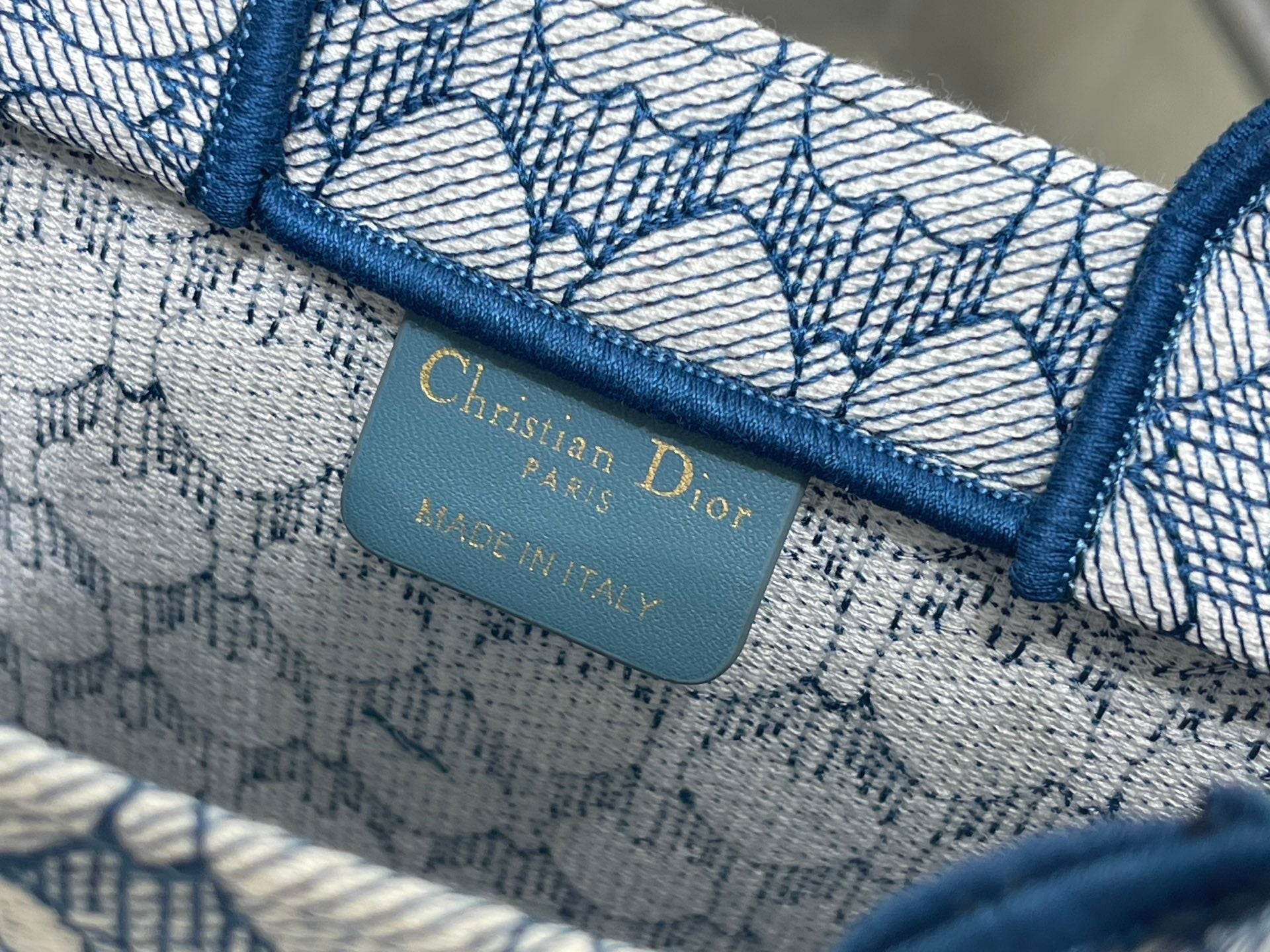 CD Book Tote With Strap Toile de Jouy Floral Garden Embroidery Blue Canvas 164670