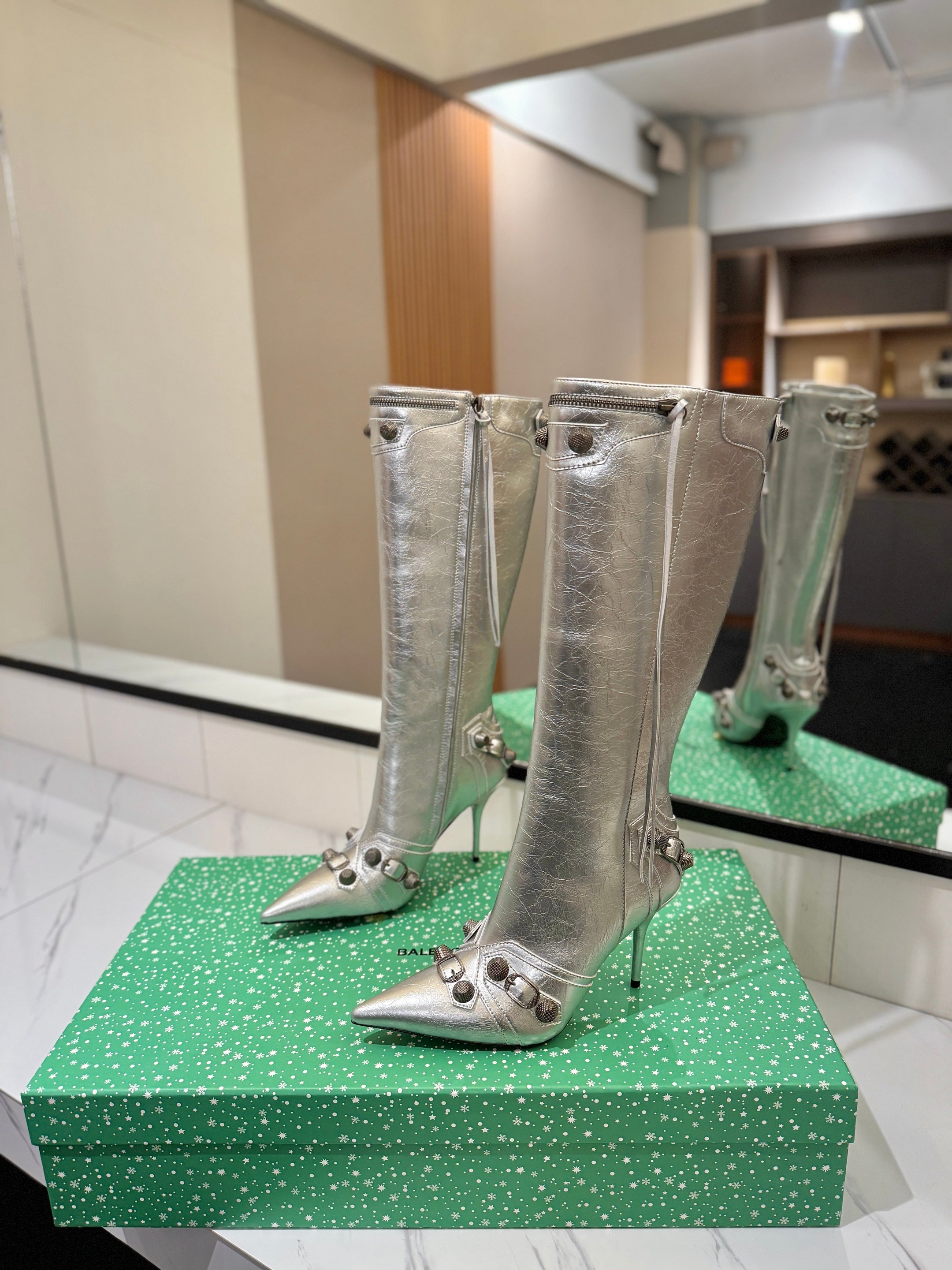 BLC Cagole Knee-High Boots 9.5cm Silver Leather 985496