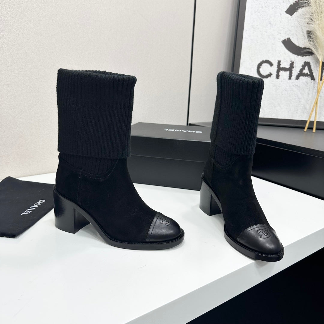 CC Mid-Calf Sock Boots Black Suede Stretch Knit 985658