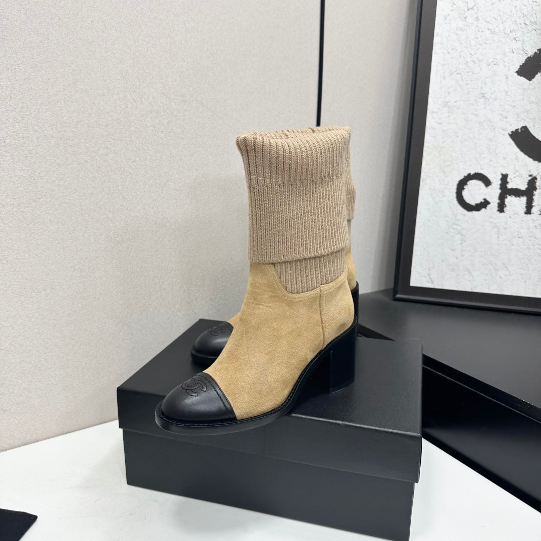 CC Mid-Calf Sock Boots Black Beige Suede Stretch Knit 985657