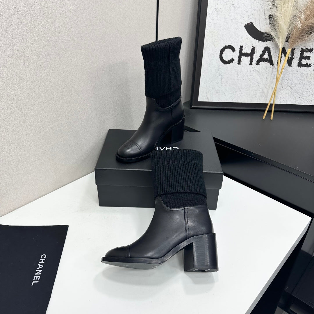 CC Mid-Calf Sock Boots Black Leather Stretch Knit 985656