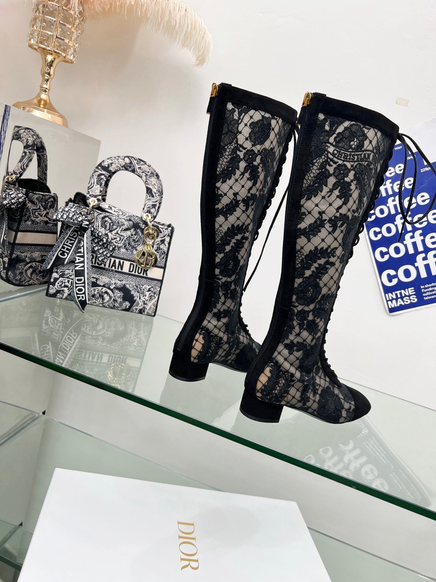 CD Lace Knee-High Boots 3.5Cm Black Lace Suede 981811