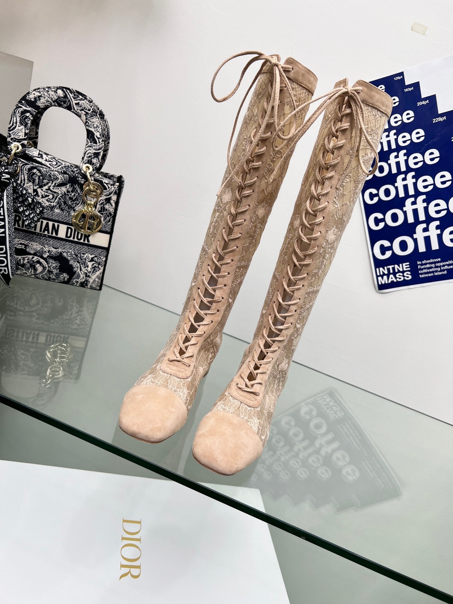 CD Lace Knee-High Boots 3.5Cm Beige Lace Suede 981810