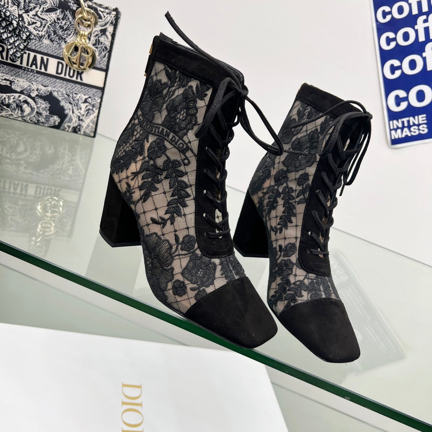 CD Lace Ankle Boots 8cm Black Lace Suede 981809