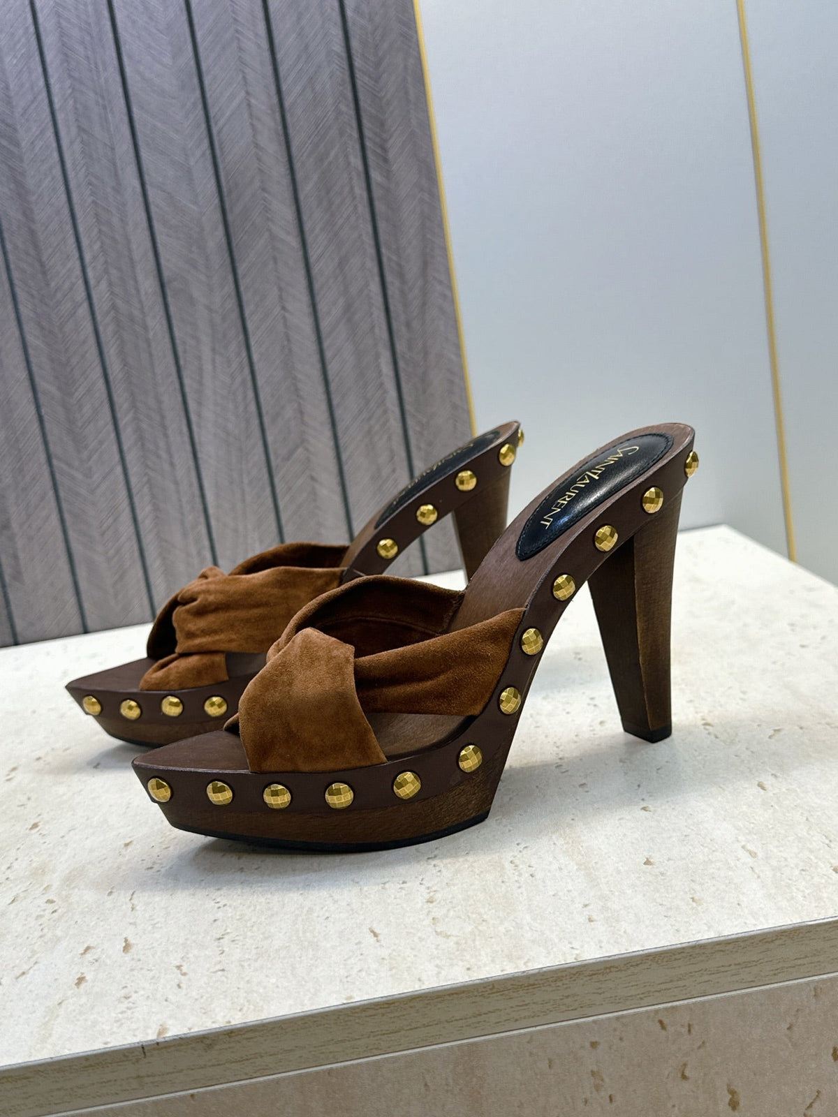 YSL 26S Platform Mules 9cm Knotted Strap Gold Studs Brown Suede 118792
