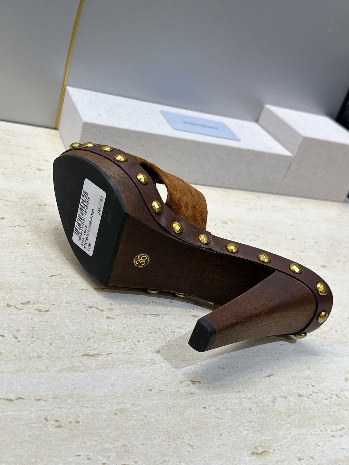YSL 26S Platform Mules 9cm Knotted Strap Gold Studs Brown Suede 118792
