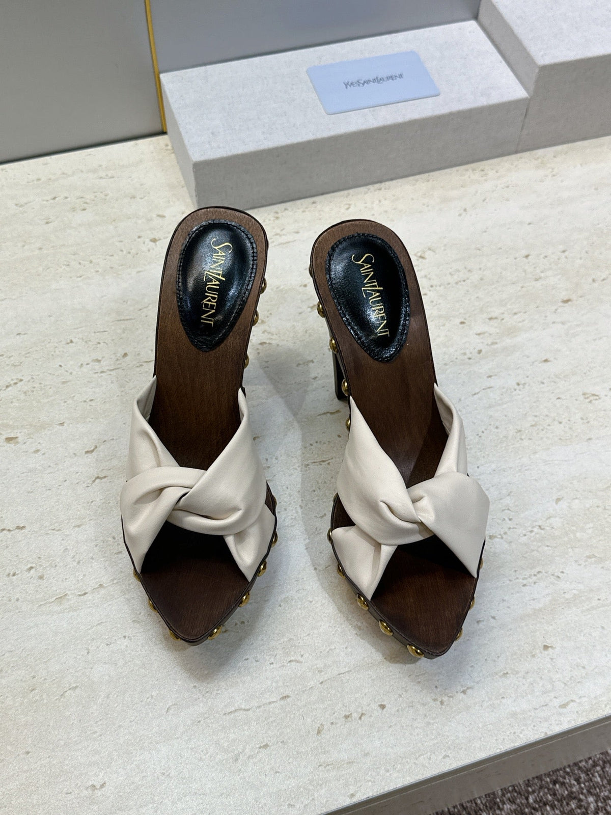 YSL 26S Platform Mules 9cm Knotted Strap Gold Studs Cream Suede 118791