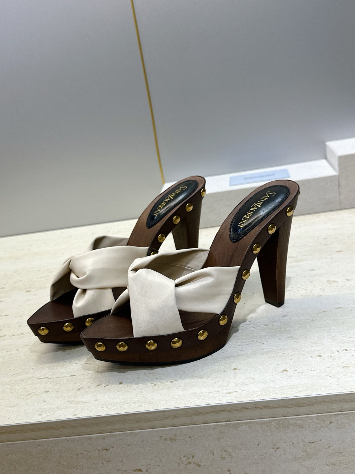 YSL 26S Platform Mules 9cm Knotted Strap Gold Studs Cream Suede 118791