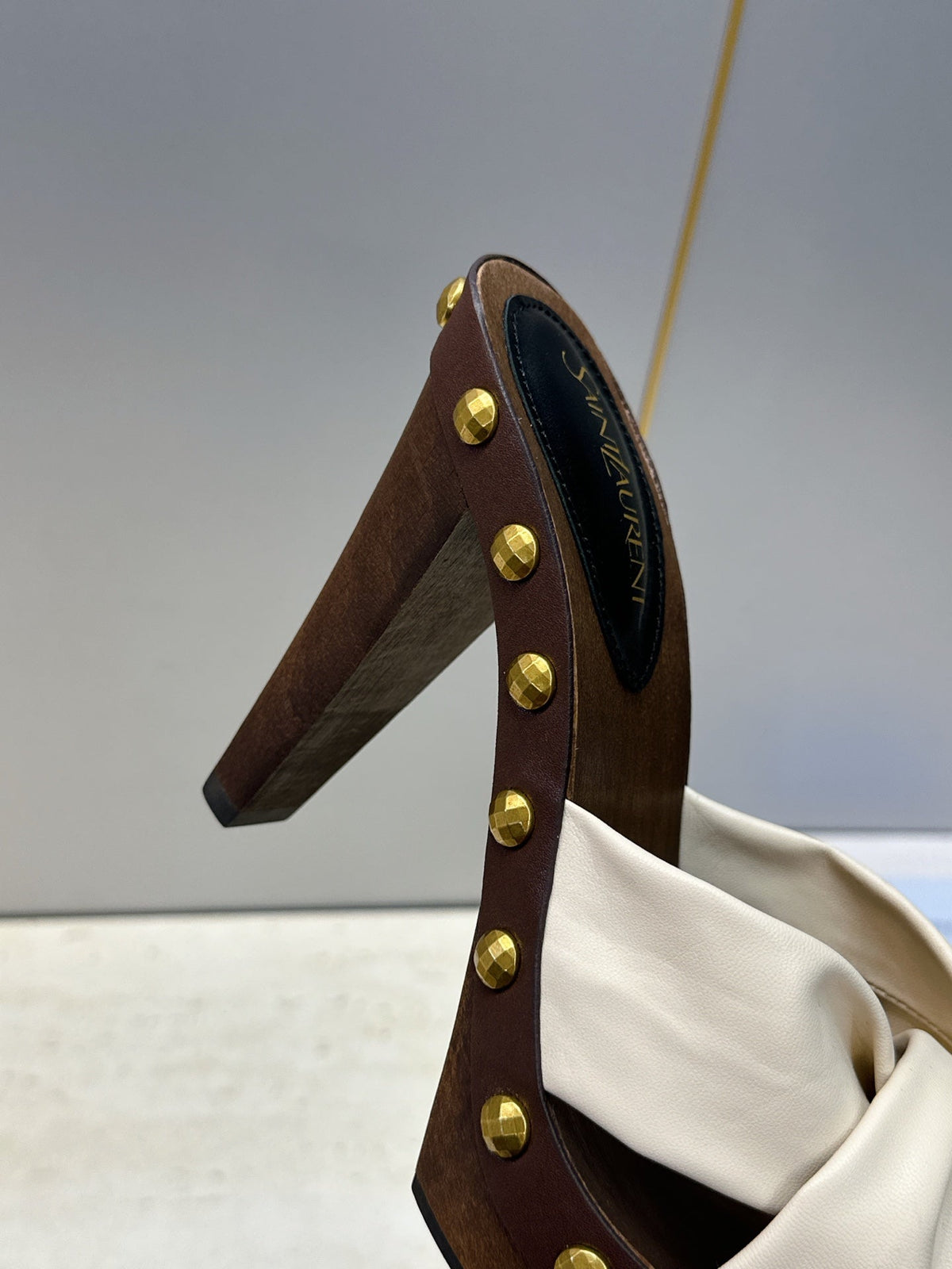 YSL 26S Platform Mules 9cm Knotted Strap Gold Studs Cream Suede 118791