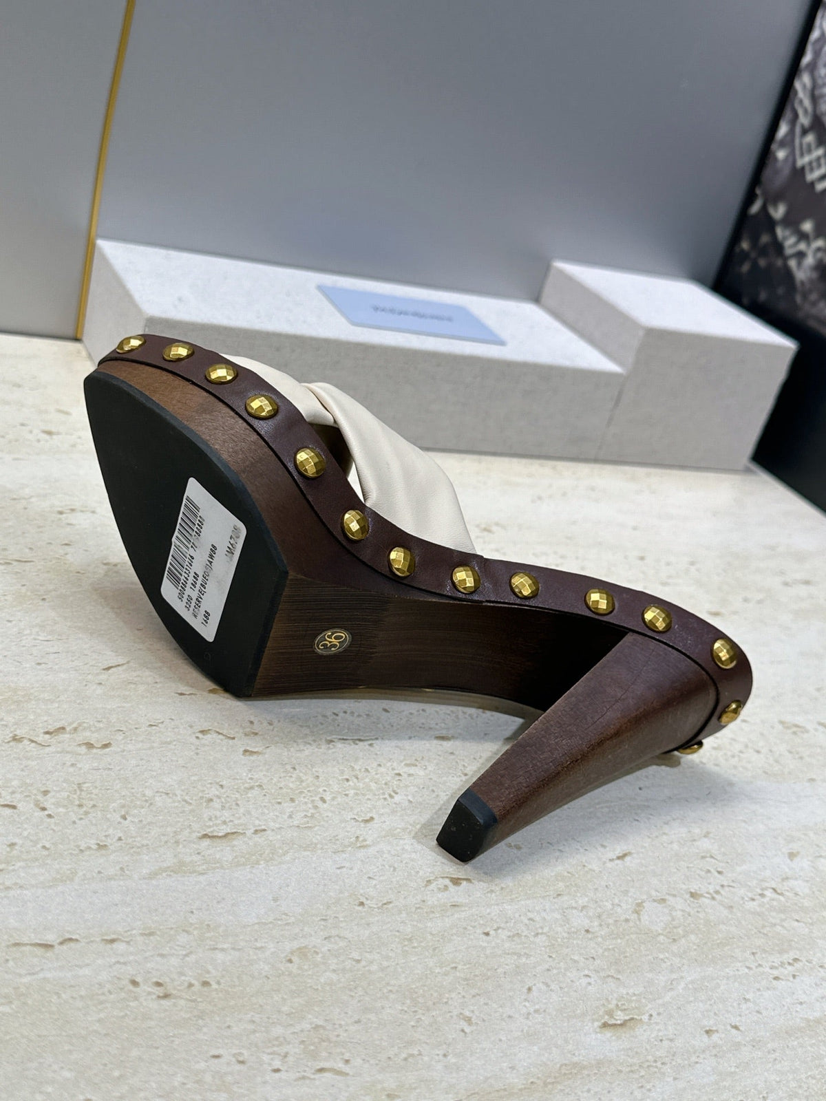 YSL 26S Platform Mules 9cm Knotted Strap Gold Studs Cream Suede 118791