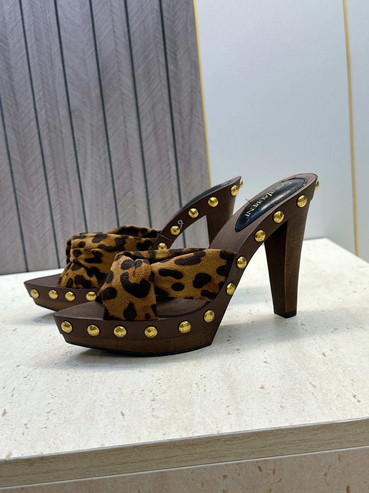 YSL 26S Platform Mules 9cm Knotted Strap Gold Studs Cream Suede 118791