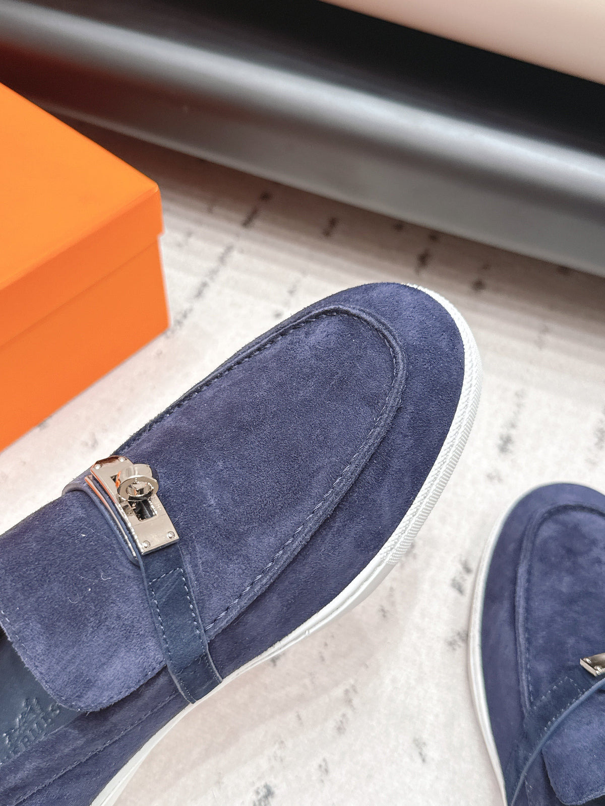 HM 26S Kelly Paris Loafers Navy Blue Suede Silver Hardware