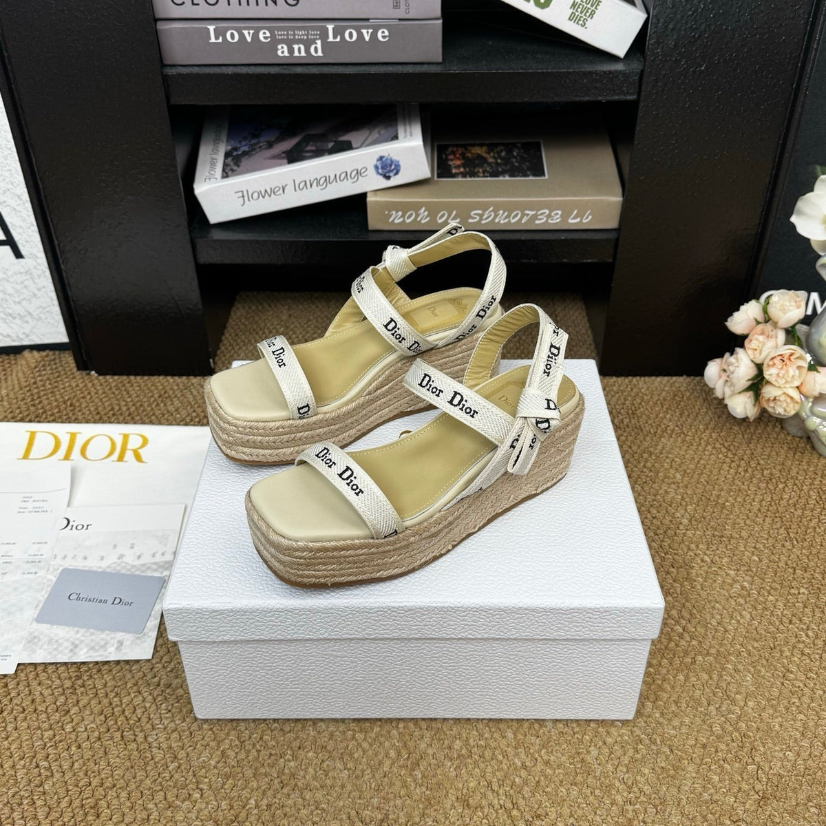 Dior 26s Espadrille Wedge Sandal Beige Canvas Calfskin