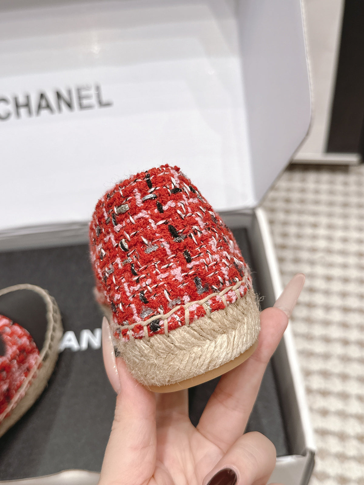 CC 26S Slip-Ons in Red Mix Black Tweed and Patent Calfskin
