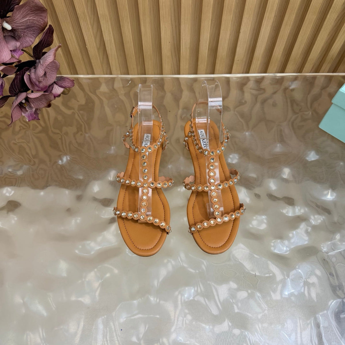 Aquazzura 26s Flat Sandals Light Brown Calfskin Crystal Embellished 481057