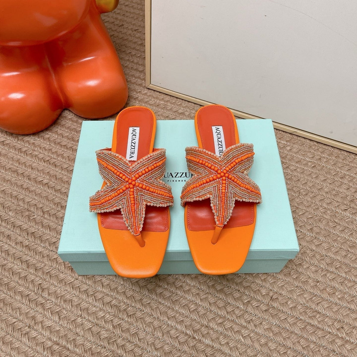 Aquazzura 26s Starfish Beaded Thong Sandals Orange Lambskin 502934