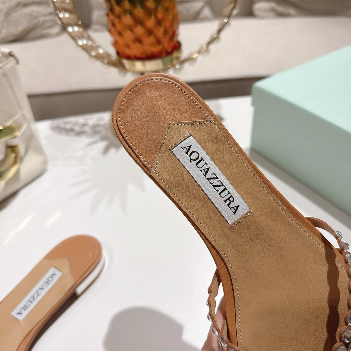 Aquazzura 26s Slides Light Brown Lambskin Crystal Embellished 384029